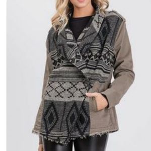 AZTEC Boho Mixed Fabric Utility Coat Khaki Jacket Medium NWT